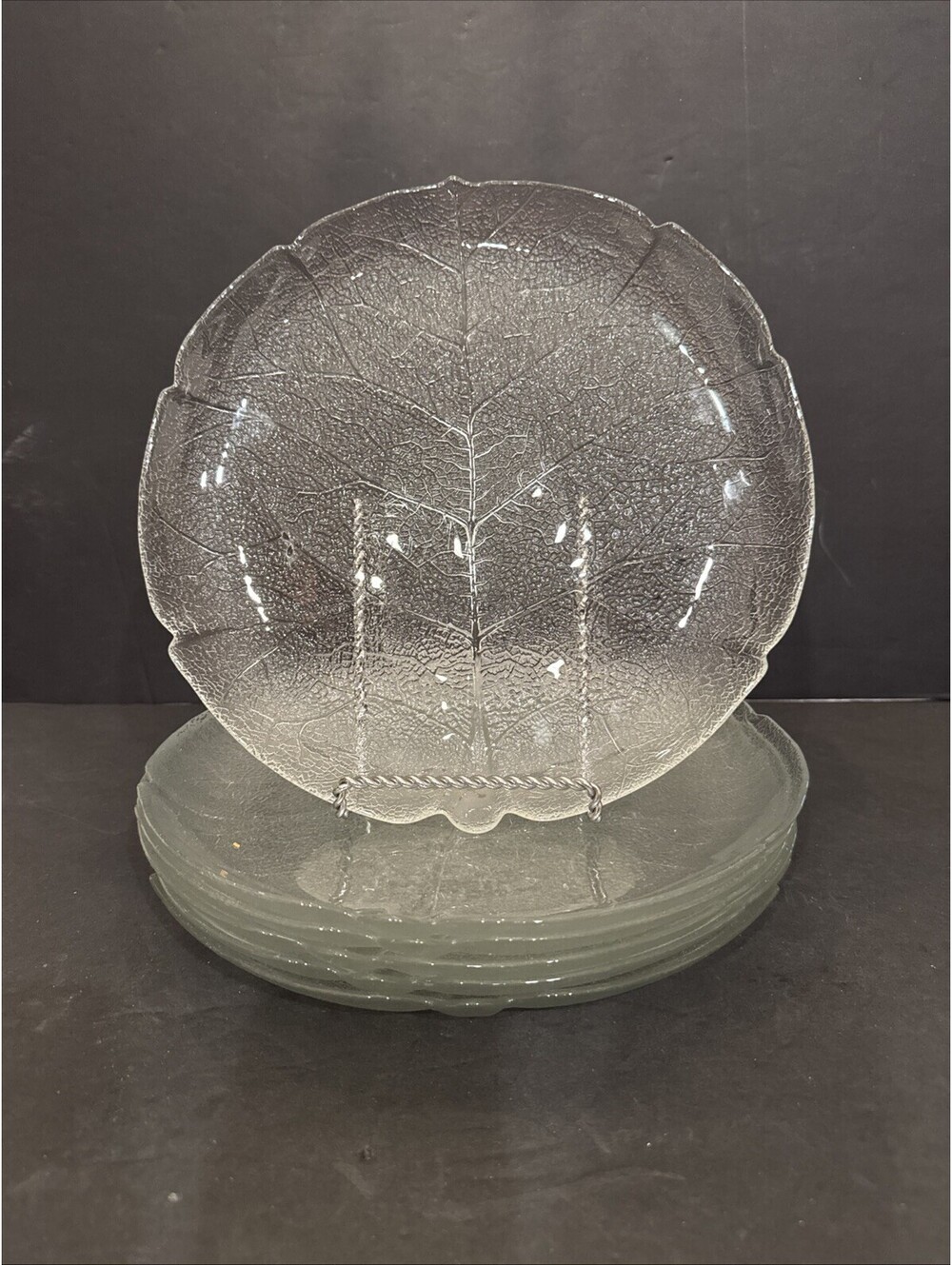 Vintage Arcoroc France (6) Aspen Leaf Clear Tempered Glass Dinner Plates